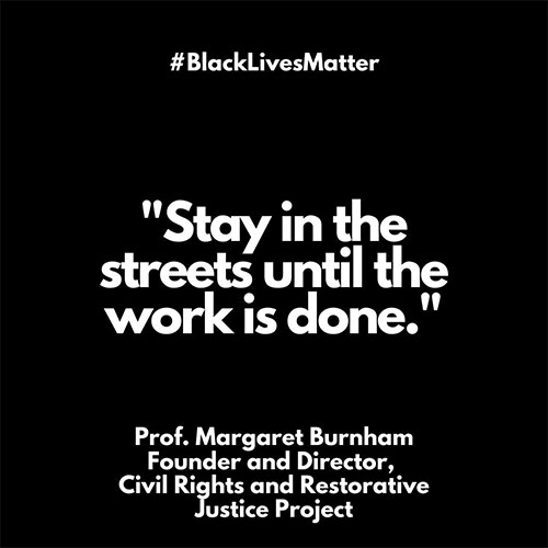 quote from Prof. Margaret Burnham - "Stay in the streets until the work is done"
