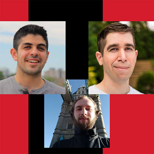 Photos of Allen Meringolo, Andy Cabasso, and Sam Smuncy against a red and black background.